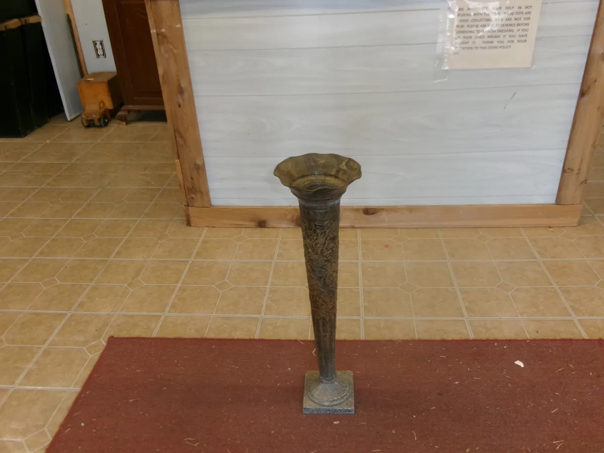 Vintage Embossed Metal Trumpet Floor Vase / Umbrella Stand