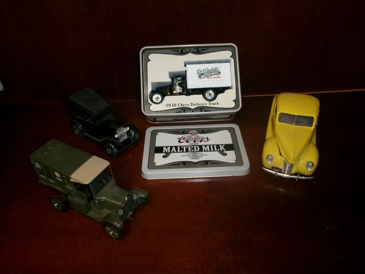Vintage Die-Cast Toy Cars & Coors Malted Milk Delivery Truck Tin Lot (4 Pcs)